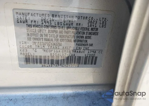 2016 Nissan Sentra Fe+ S/S/Sl/Sr/Sv z USA, uszkodzony, nr VIN 3N1AB7AP9GY243750